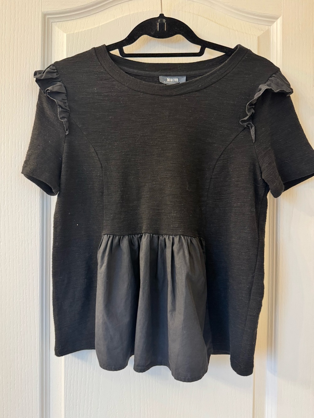 Maeve by Anthropologie Black Ruffle Sleeve Peplum Top Size Small
